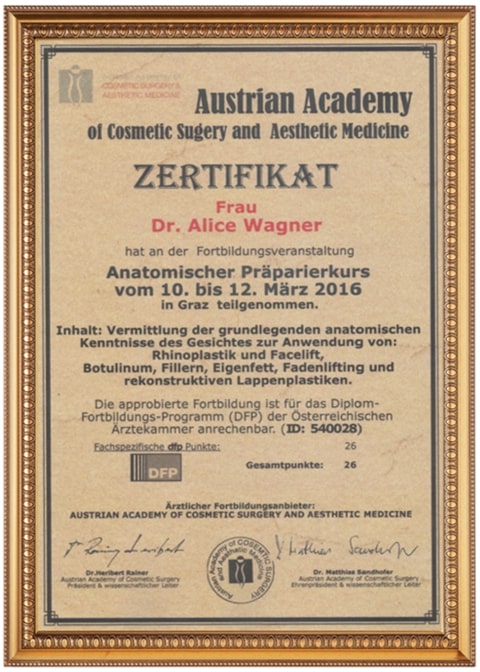 Zertifikat von Dr. Alice Wagner