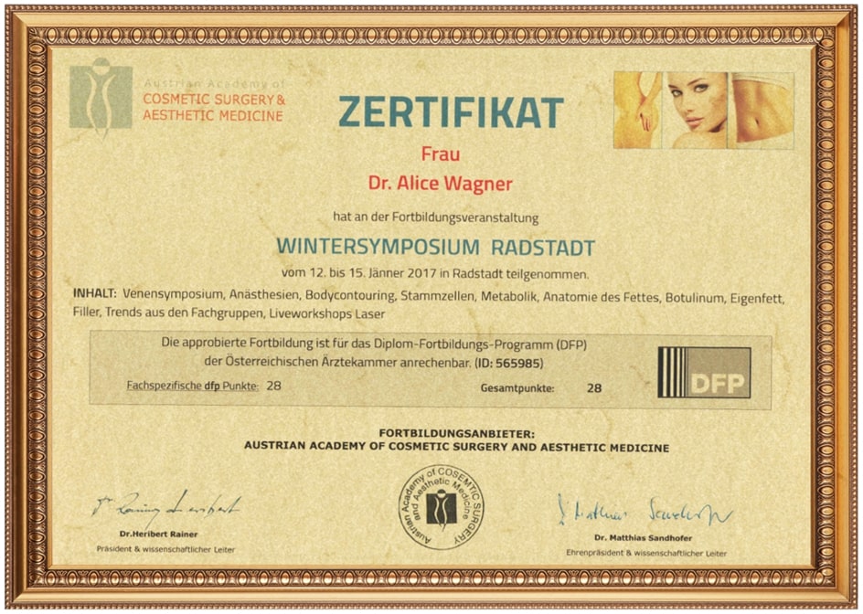 Zertifikat von Dr. Alice Wagner